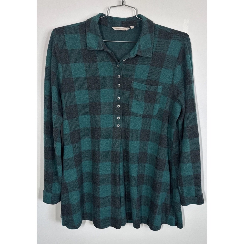 Soft Surroundings Teal Buffalo Check Henley Tunic Top Shirt M Roll Tab Sleeves - Picture 1 of 9